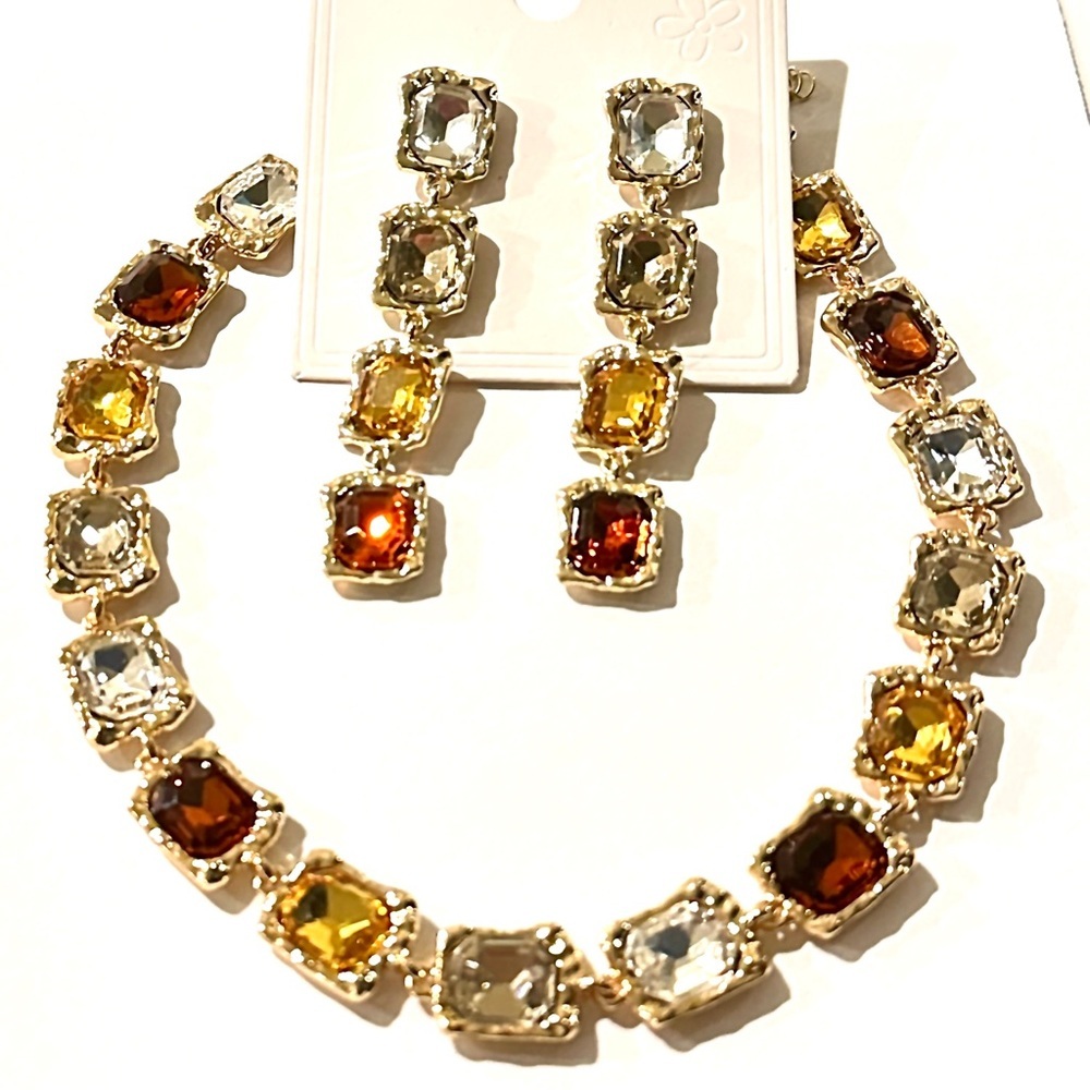WARM HUES Designer Gemstone Statement Necklace & Earrings Set | NWT - Picture 1 of 16